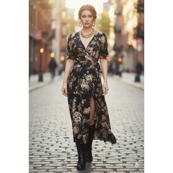 Rare Denim & Supply Ralph Lauren Dark Floral Puff Sleeve Wrap Dress ASO Sz XL - Picture 2 of 11